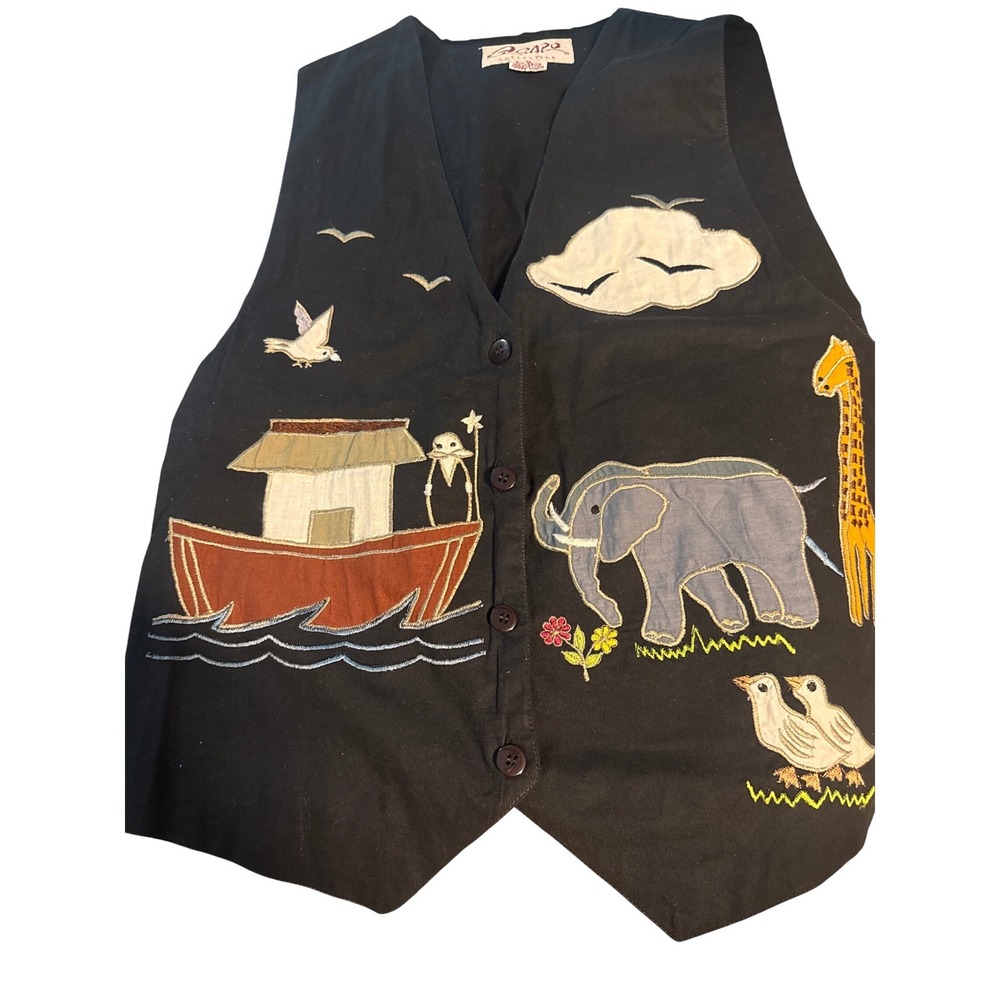 Asapo Collection Womens Black Cotton Noahs Ark Embroidered Button Up Vest Medium